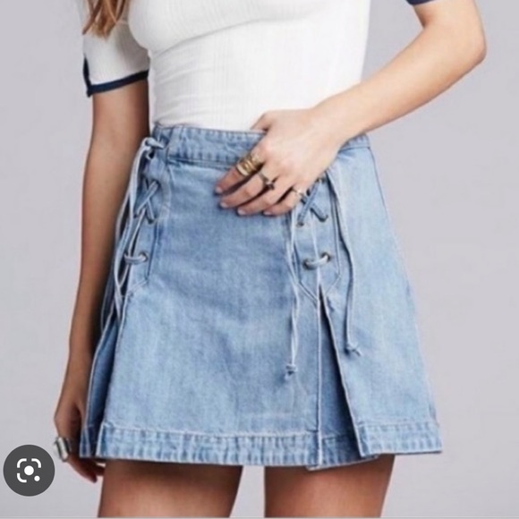Free People Lace Up Pleated Denim Mini Skirt - Picture 3 of 11
